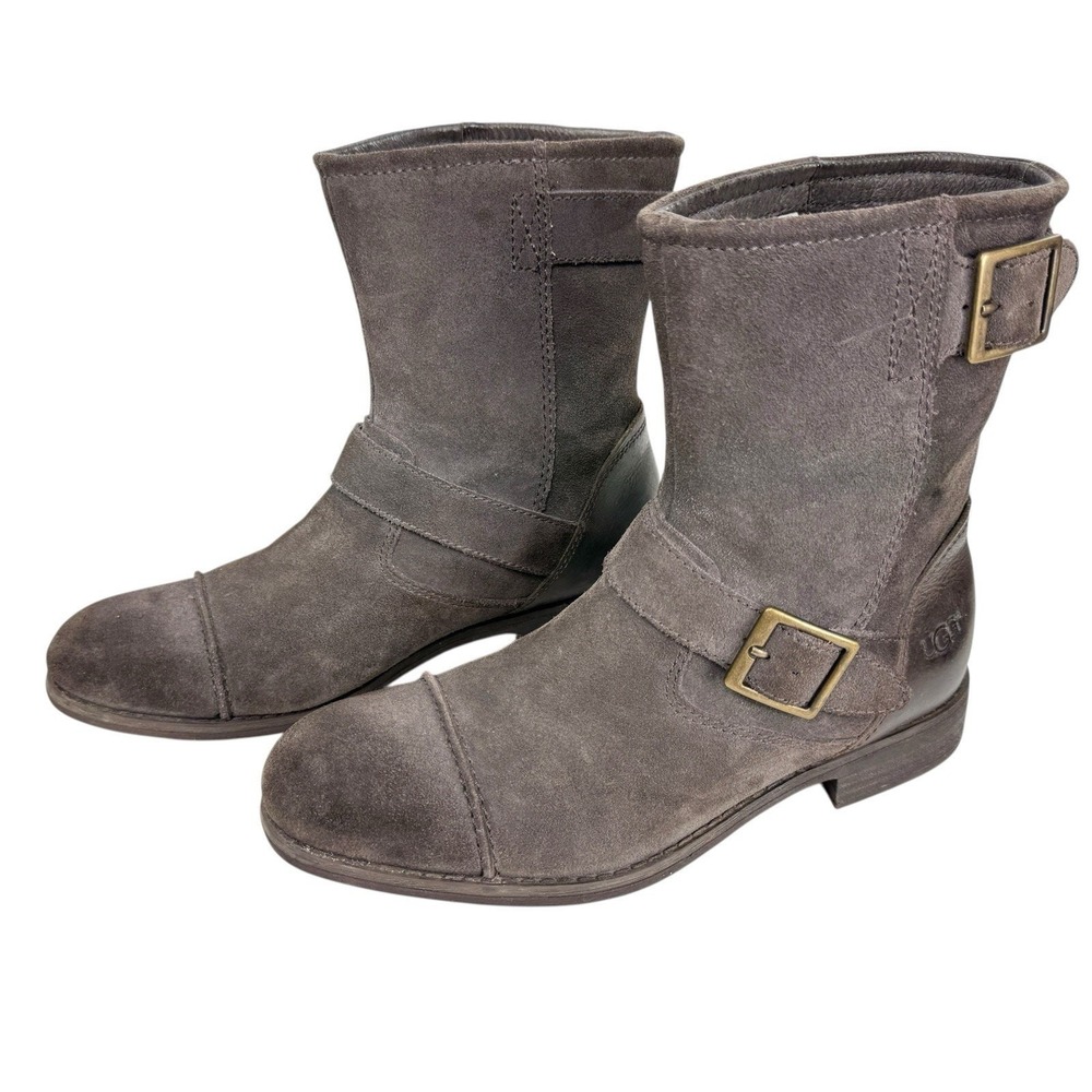 UGG Ellee Engineer Boots Women 39.5 9 Grey Suede Leather Cap Toe Buckle Moto - Picture 2 of 12